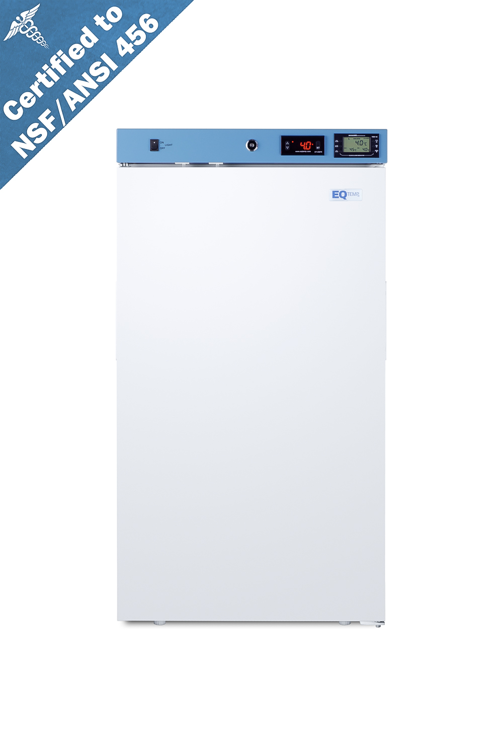 Healthcare all-refrigerator certified to NSF/ANSI 456 with self-closing solid door, front lock, digital controls, and NIST calibrated temperature readout